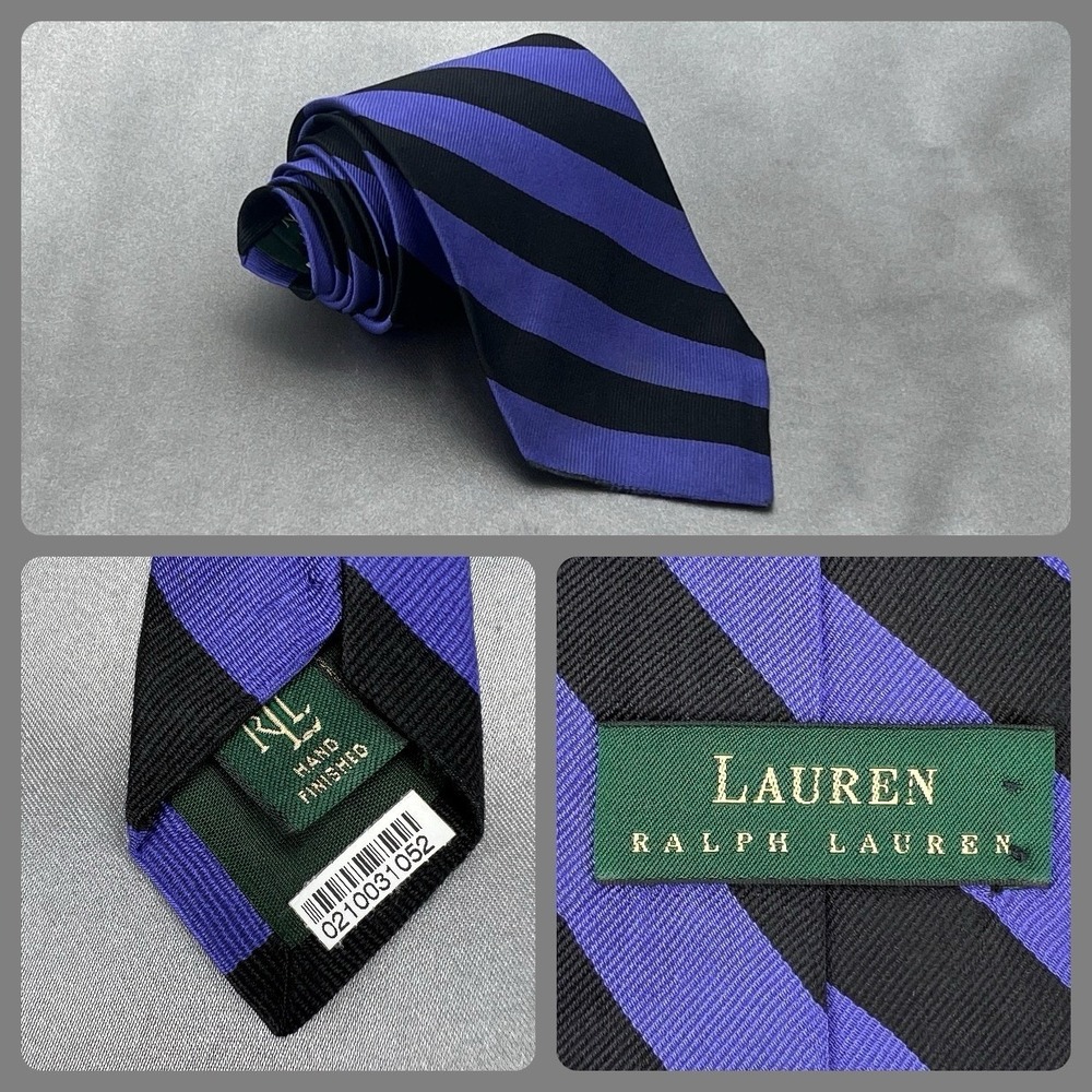 Vintage Lauren Ralph Lauren Black Purple Stripe Repp Hand Finished Silk USA Made